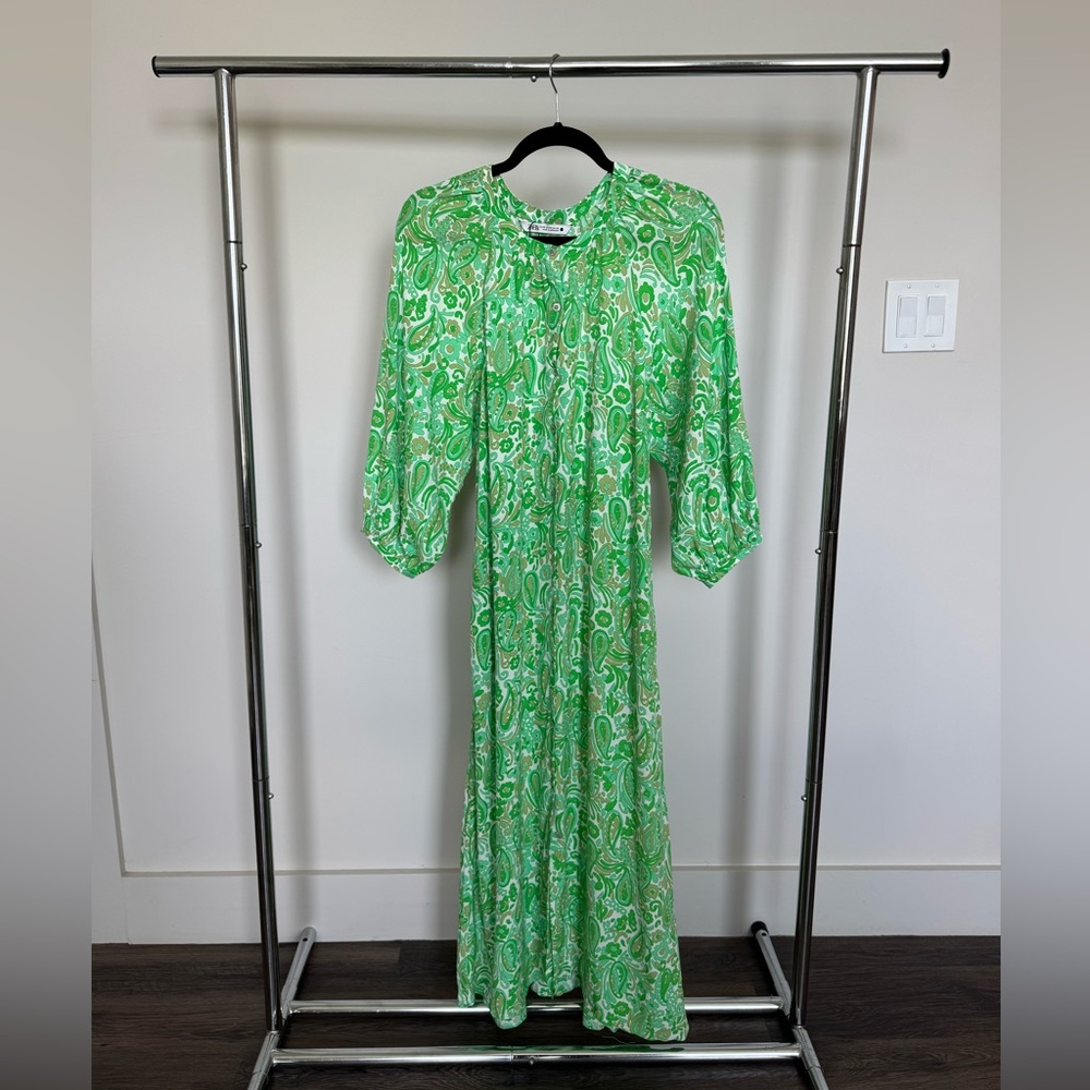 Zara Green and White Bishop Sleeve Sundress